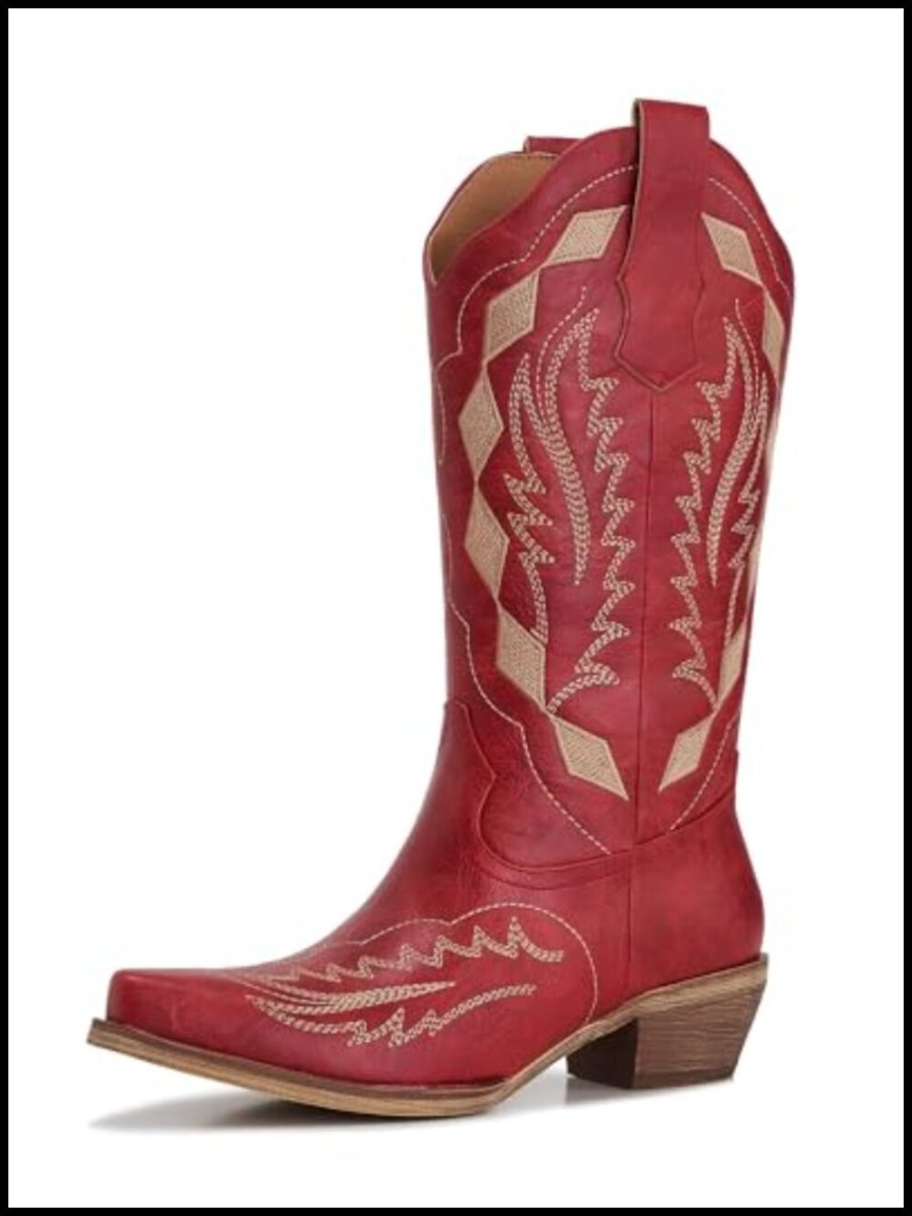 Western Cowgirl Boots Faux Leather Mid-Calf Snip Toe Block Heel